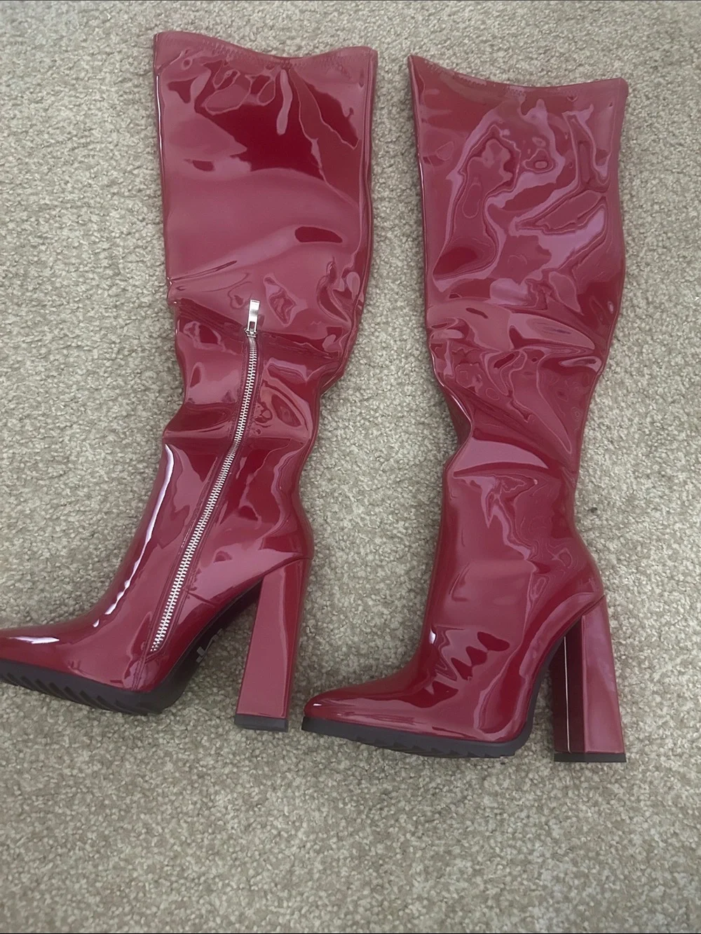 Patent Over-the-Knee Block Heel Boots in Wine Red